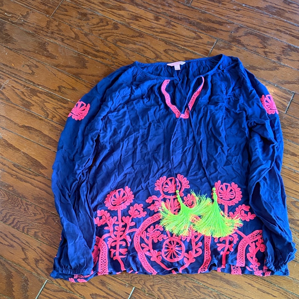 Lilly Pulitzer Navy Blue Tunic with Pink & Neon Green Embroidery